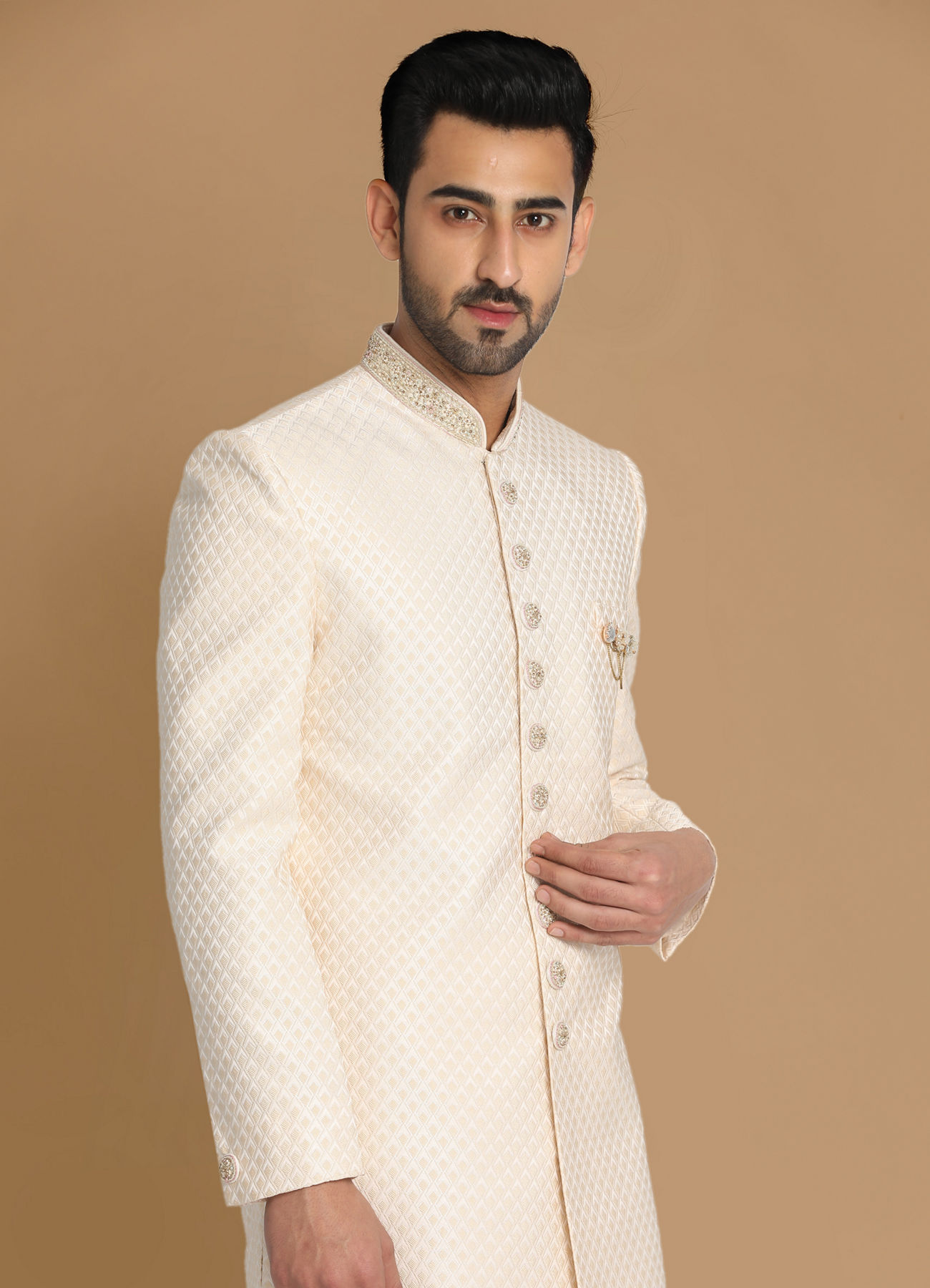 Buy Beige Brocade Sherwani Set Online Manyavar Sherwani for Men